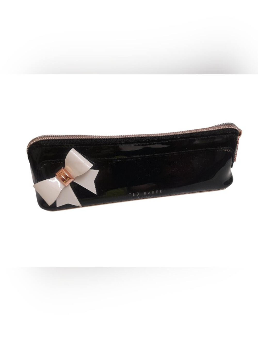 Ted Baker Black Patent Cosmetic Travel Case with White Bow